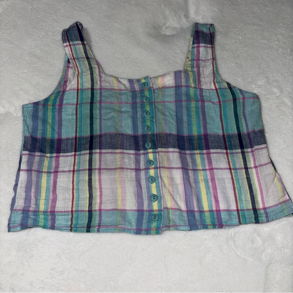 Vintage You Babes Pastel Plaid Cropped Button Down Tank Top Size Medium